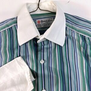 Turnbull & Asser Shirt Mens 16 Green‎ Blue Stripe Contrast Collar French Cuff